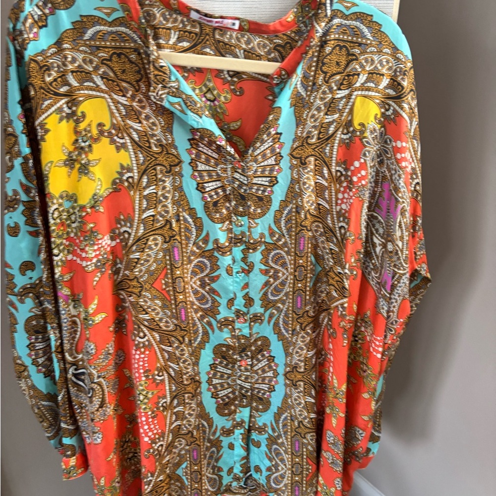 Johnny Was Blue and Orange Relaxed Graphic Blouse